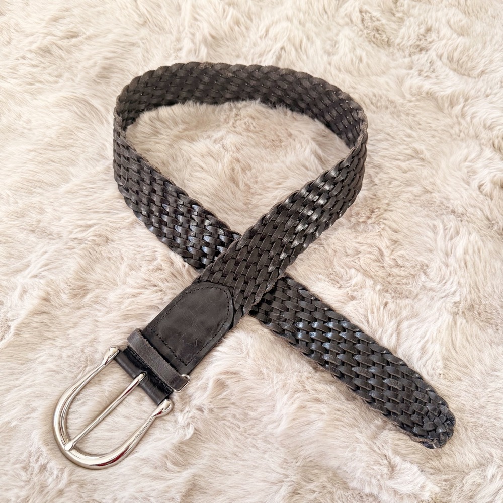 Michael Kors Braided Leather Belt Woven Horseshoe Silver Buckle Dark Brown Small
